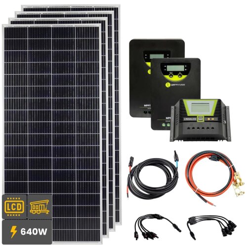 640W Solar Inselanlage Bausatz (4x160 W) für Garten, Ferienhaus & Co - Spannungswandler auswählbar