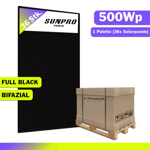 36x 500Wp SunPro Photovoltaik Solarmodul Bifazial Glas-Glas Full Black PV Solarpanel