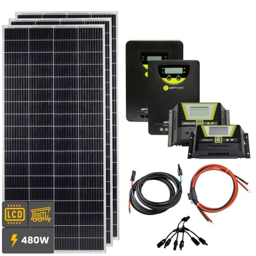 480W Solar Inselanlage Bausatz (3x160W) für Garten, Ferienhaus & Co - Spannungswandler auswählbar